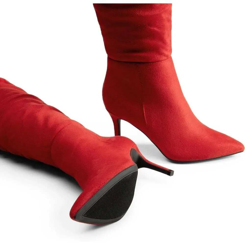 Women's Red-suede Faux Leather Over The Knee Boots Thigh High Pointed Toe Boot